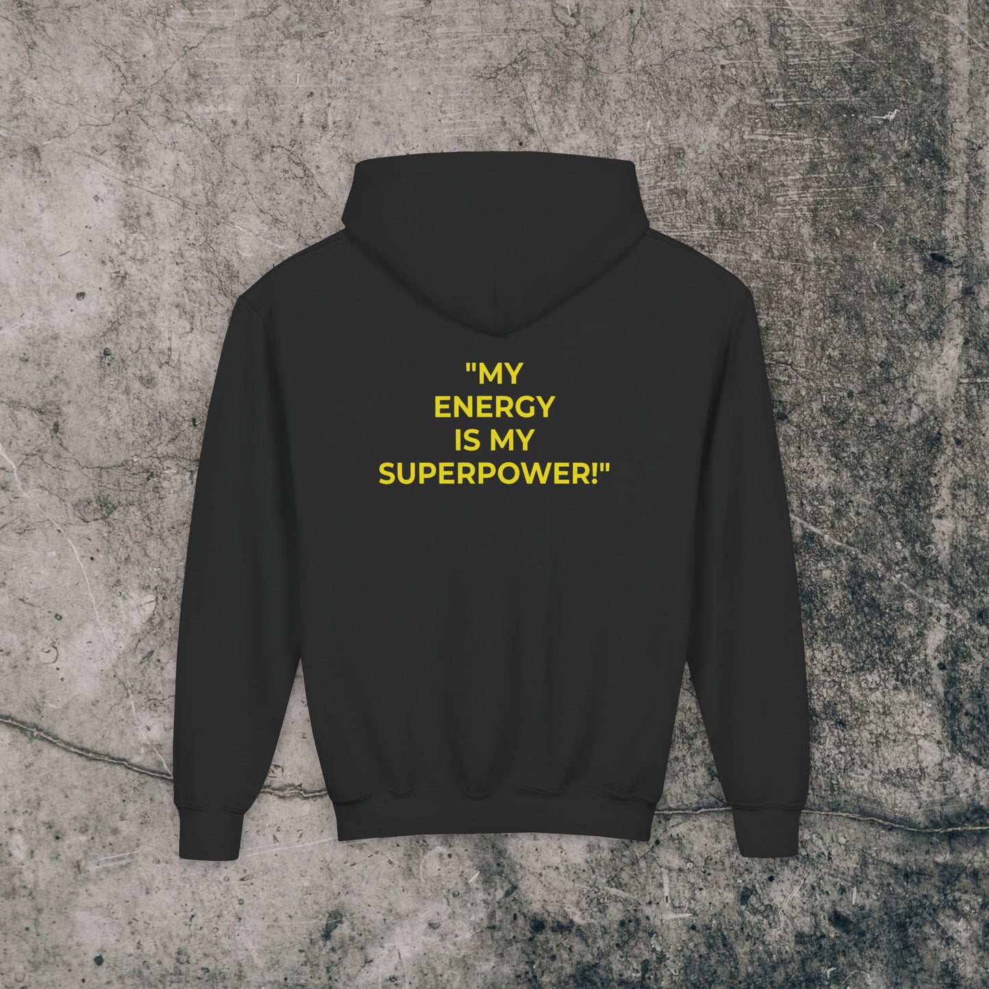 Youth Heavy Blend Hoodie Yellow Font - Energy!