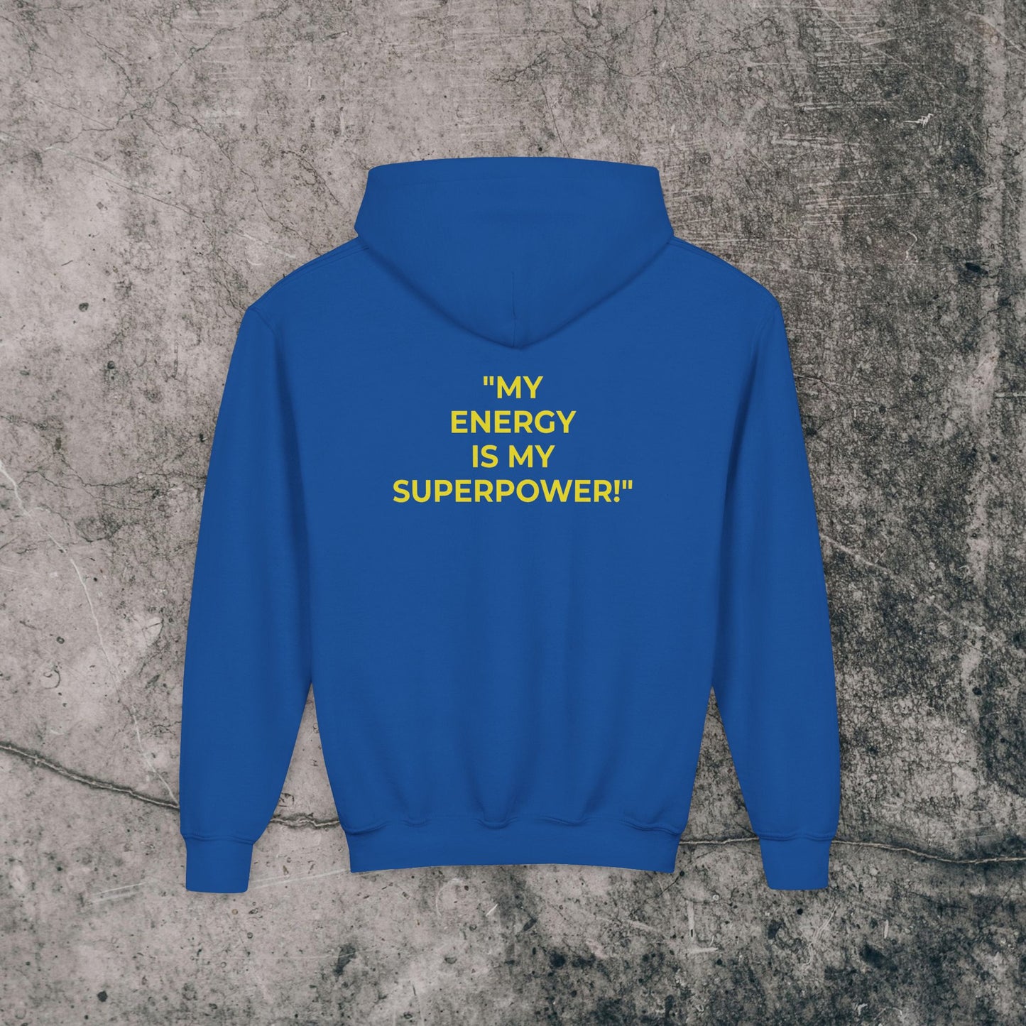 Youth Heavy Blend Hoodie Yellow Font - Energy!